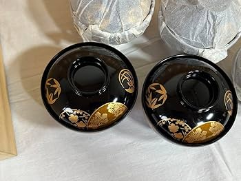 会津塗　漆器 蓋付き椀 5個セット 会津塗 蓋付きお吸物椀 5客セット 金彩 結び紐 木箱付 漆塗り